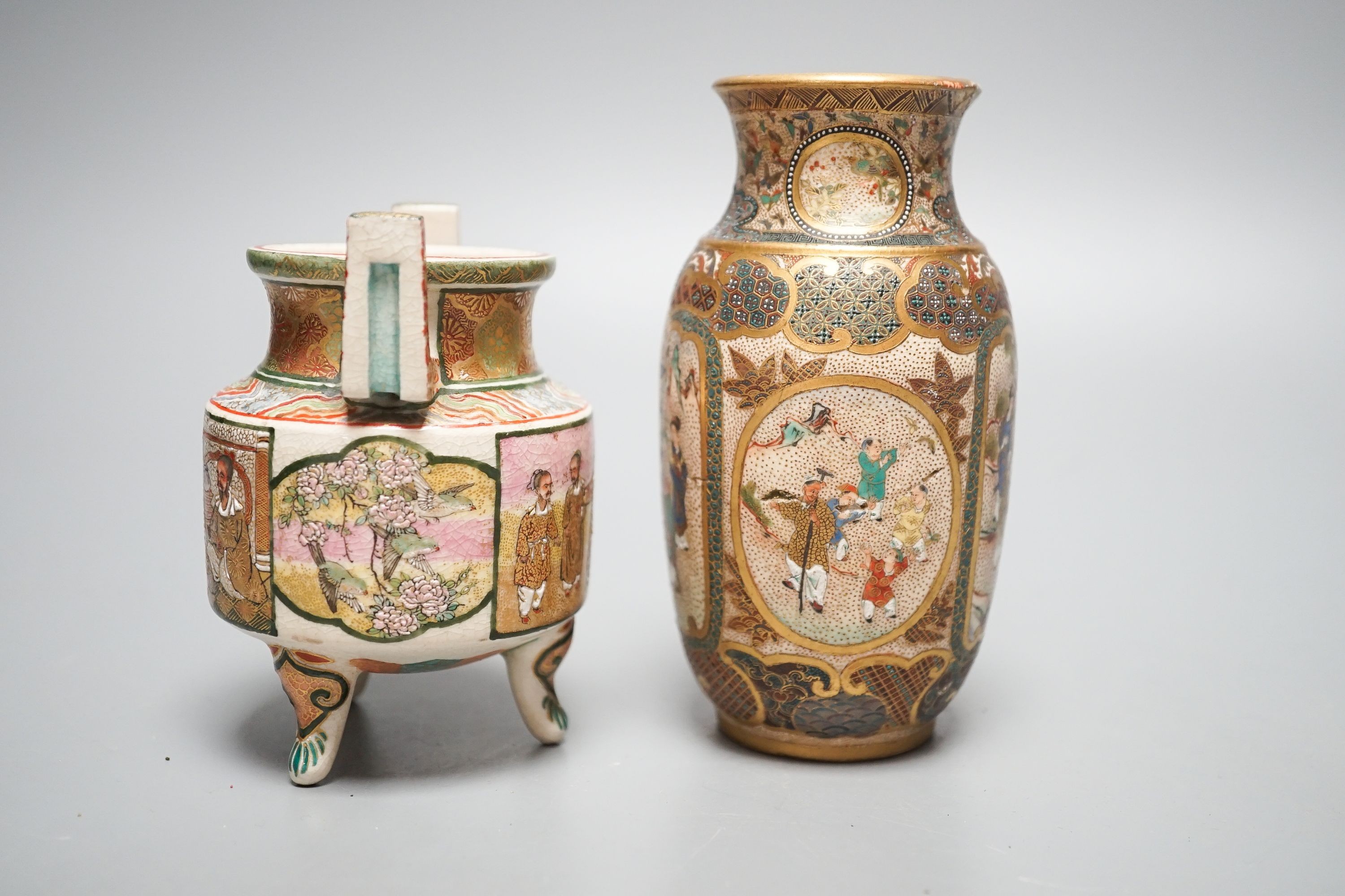 Three Japanese Meiji Satsuma wares - a vase, 22.5cm, a koro and a bowl